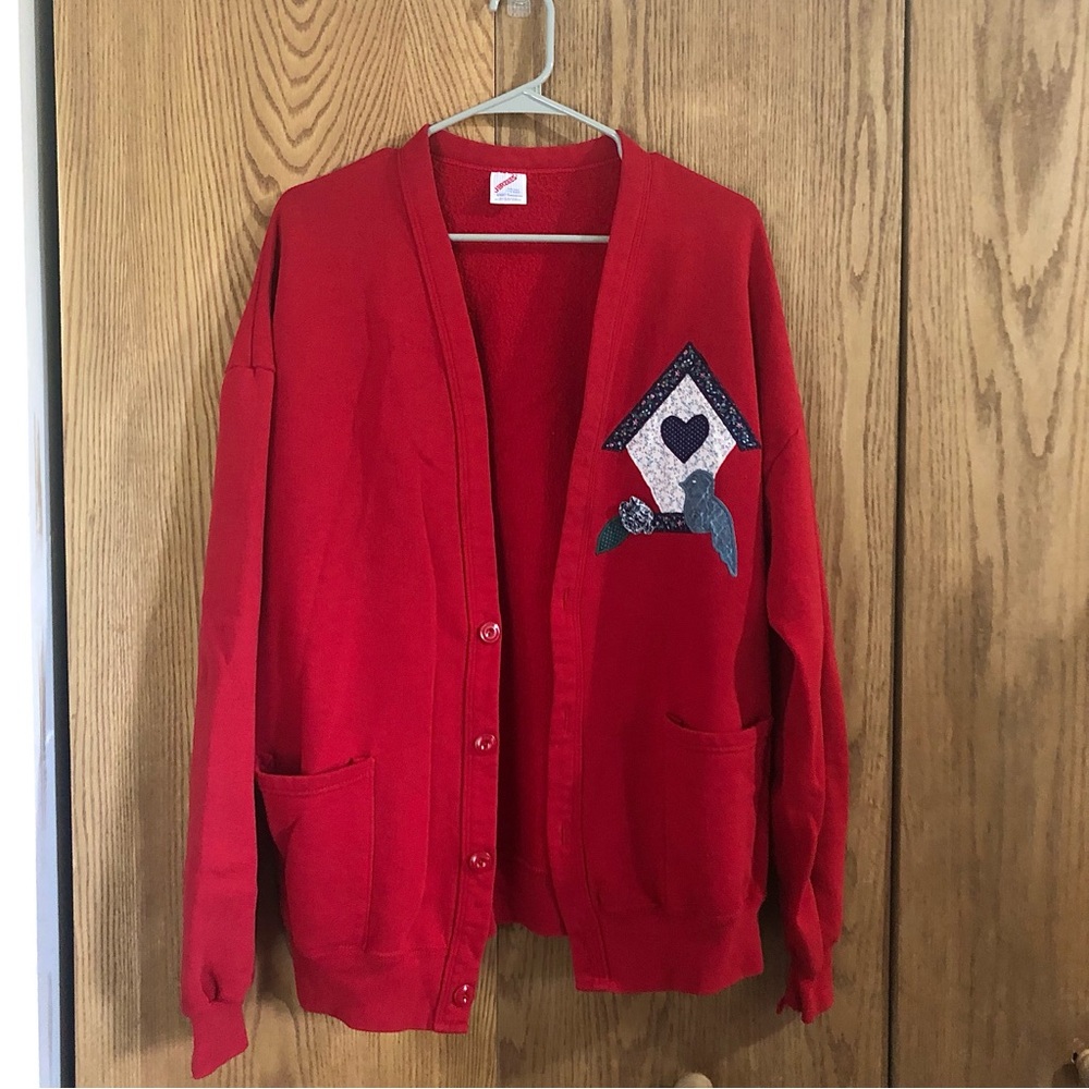 Vintage Red Birdhouse Cardigan Sweatshirt | Oversized Grandmacore Cottagecore